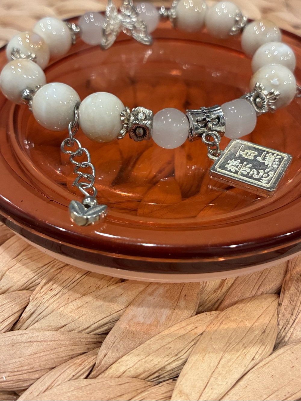 Stone Beaded White Charm Bracelet with Silver Accents